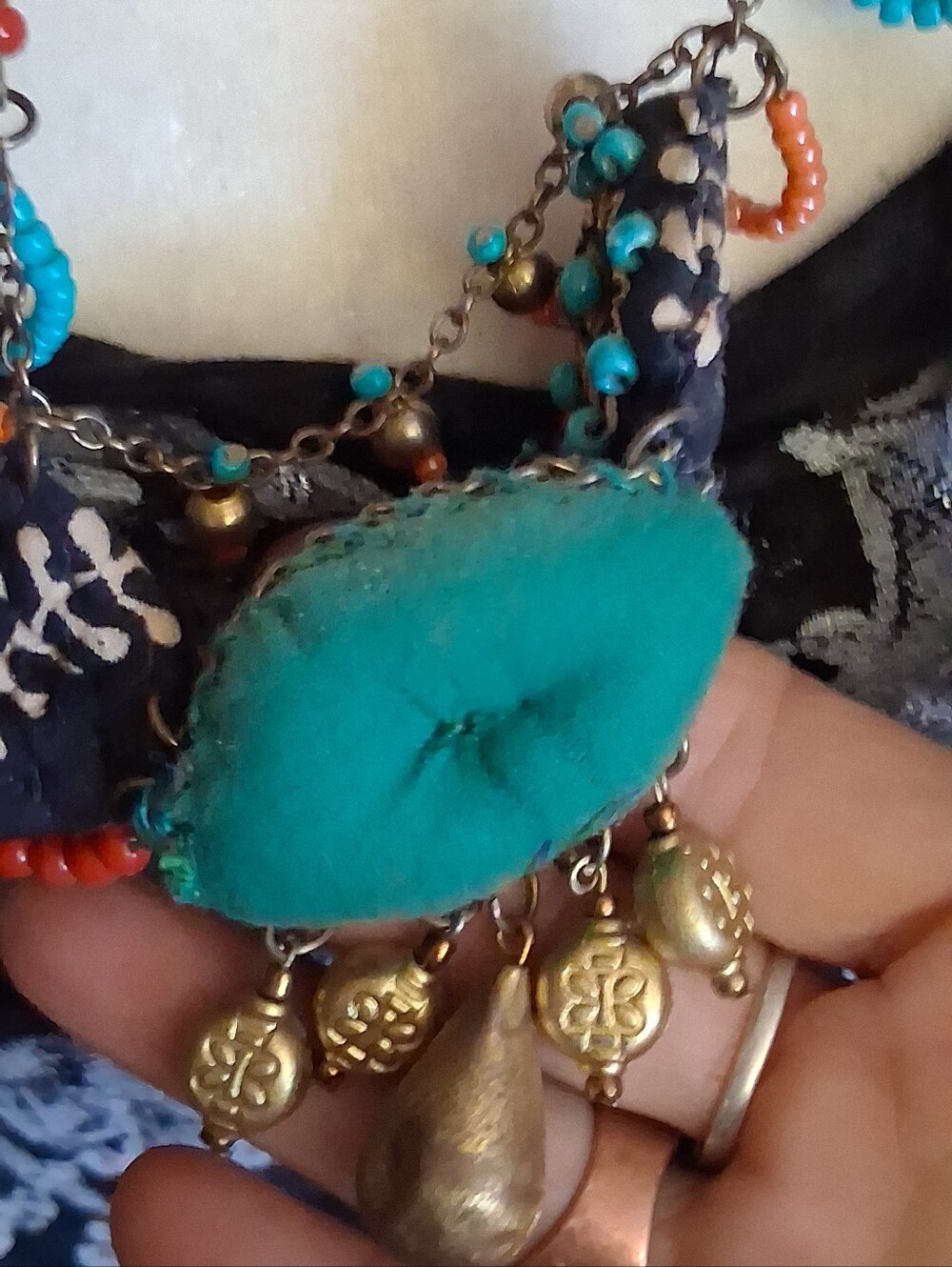 Boho Turquoise and Gold Fabric Pendant Necklace - Women Jewelry
